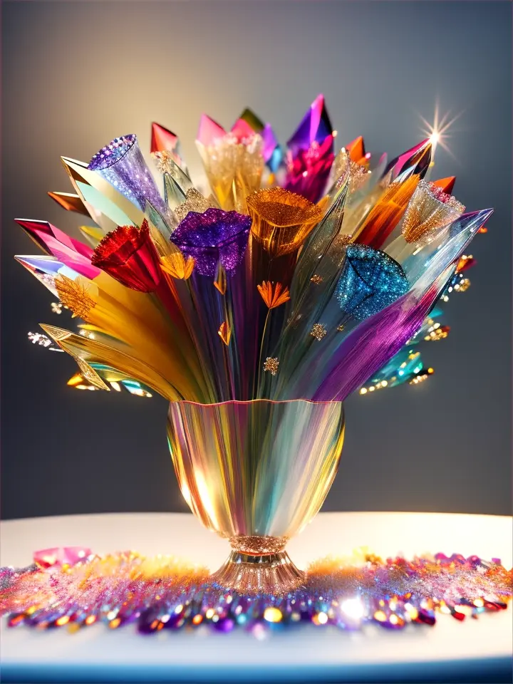 a glass vase with flowers inside of it, made of multicolored crystals, made of colorful dried flowers, crystals enlight the scene, crystal lighting, made of crystals, crystal lights, realistic glass sculpture, crystal color, colorful glass art, luminous sparkling crystals, made of crystal, glass sculpture, glowing crystals, crystal forest, made of dried flowers