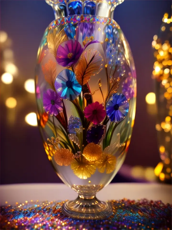 a glass vase with flowers inside of it, made of multicolored crystals, made of colorful dried flowers, crystals enlight the scene, crystal lighting, made of crystals, crystal lights, realistic glass sculpture, crystal color, colorful glass art, luminous sparkling crystals, made of crystal, glass sculpture, glowing crystals, crystal forest, made of dried flowers