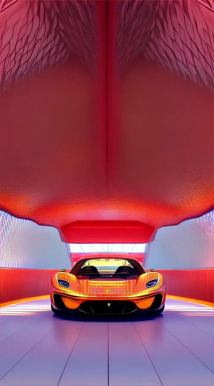  create an  of a hyper-realistic ferrari-inspired expo pavilion, constructed using inflatable structures, advertising style