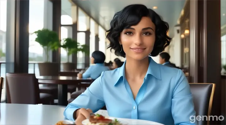 inside the fancy restaurant, a smiling young woman with black Curly bob cut Hair in sky blue long sleeve blouse shirt with her hand holding a spoon sitting at the table with food talking to someone