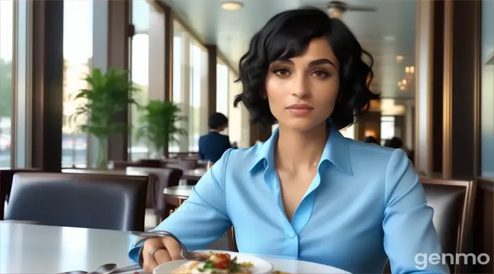 inside the fancy restaurant, a woman with black Curly bob cut Hair in sky blue long sleeve blouse shirt with her hand holding a spoon sitting at the table with food talking to someone