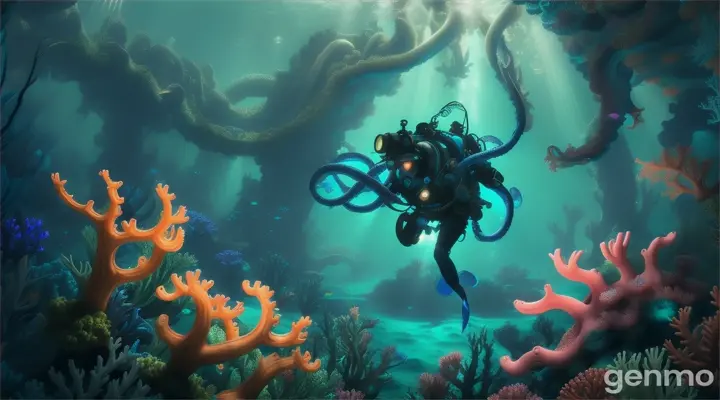 magic blue underwater forest. A man walks in and is confronted by a giant octopus.