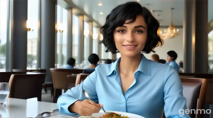 inside the fancy restaurant, a smiling young woman with black Curly bob cut Hair in sky blue long sleeve blouse shirt with her hand holding a spoon sitting at the table with food talking to someone