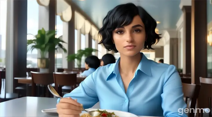 inside the fancy restaurant, a young woman with black Curly bob cut Hair in sky blue long sleeve blouse shirt with her hand holding a spoon sitting at the table with food talking to someone