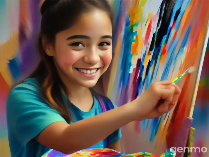 **Mia Painting with a Regular Brush:**
    - Mia happily painting with her regular brush, surrounded by her creations and smiling at the joy she brings to others.
