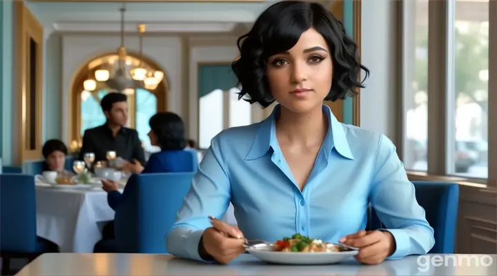 inside the fancy restaurant, a young woman with black Curly bob cut Hair in sky blue long sleeve blouse shirt with her hand holding a spoon sitting at the table with food talking to someone