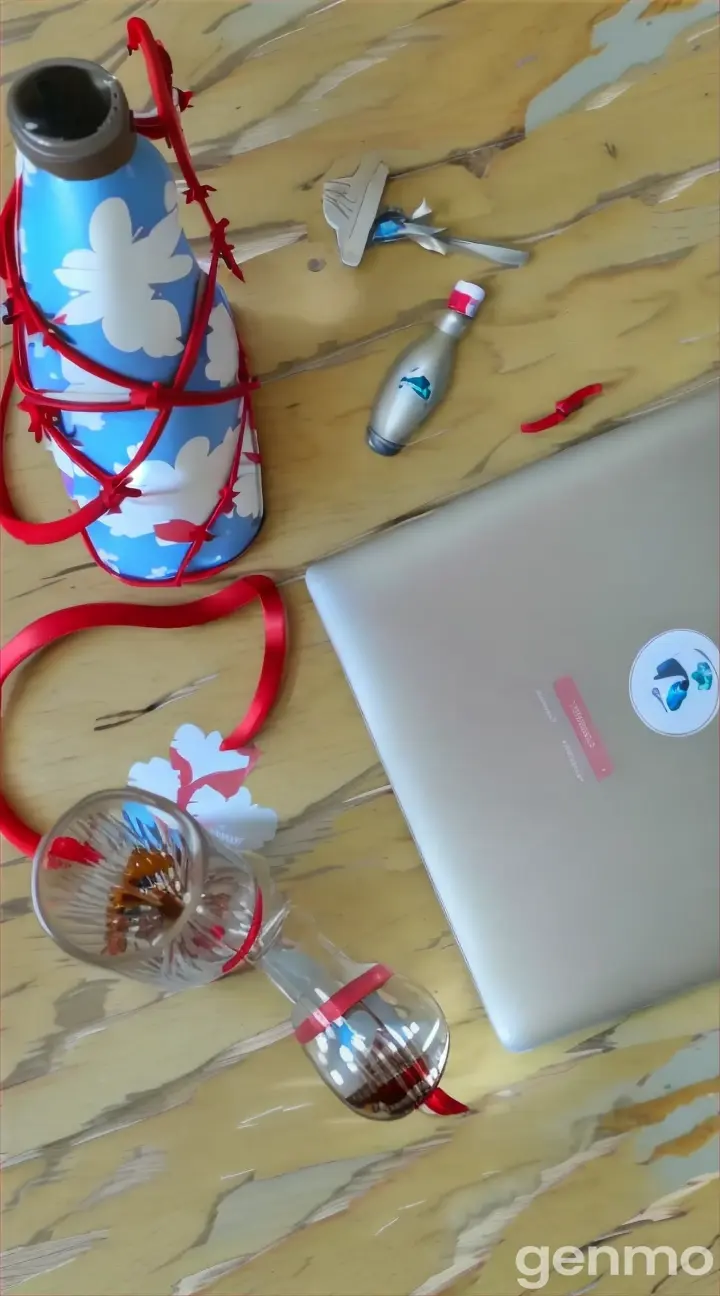 a laptop computer sitting on top of a wooden table. Bottle go out from the red bag 