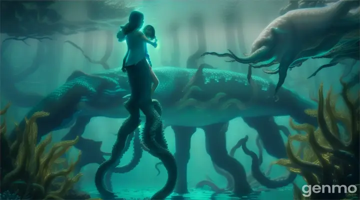 magic blue underwater forest. A man walks in and is confronted by a giant octopus.