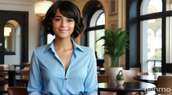 inside the fancy restaurant, a smiling young woman with black Curly bob cut Hair in sky blue long sleeve blouse shirt standing at the table talking to someone