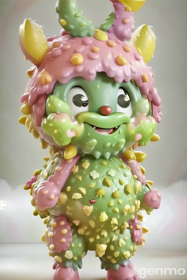 a green toy with yellow horns and a pink hat