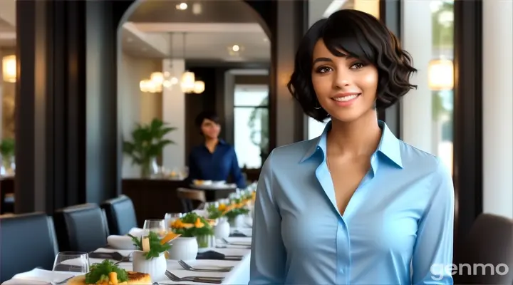 inside the fancy restaurant, a smiling young woman with black Curly bob cut Hair in sky blue long sleeve blouse shirt standing at the table of food talking to someone