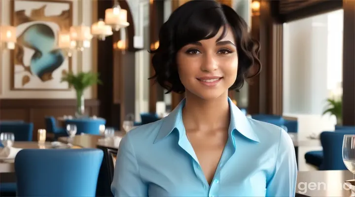 inside the fancy restaurant, a smiling young woman with black Curly bob cut Hair in sky blue long sleeve blouse shirt standing at the table talking to someone