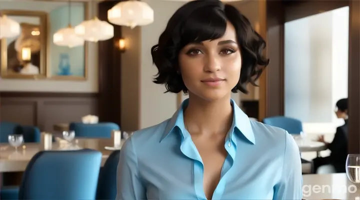 inside the fancy restaurant, a young woman with black Curly bob cut Hair in sky blue long sleeve blouse shirt standing at the table talking to someone