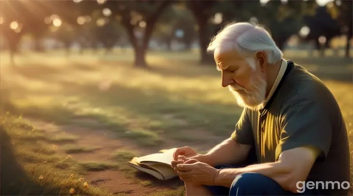 An old man who is sitting on the ground and is reciting poetry to God