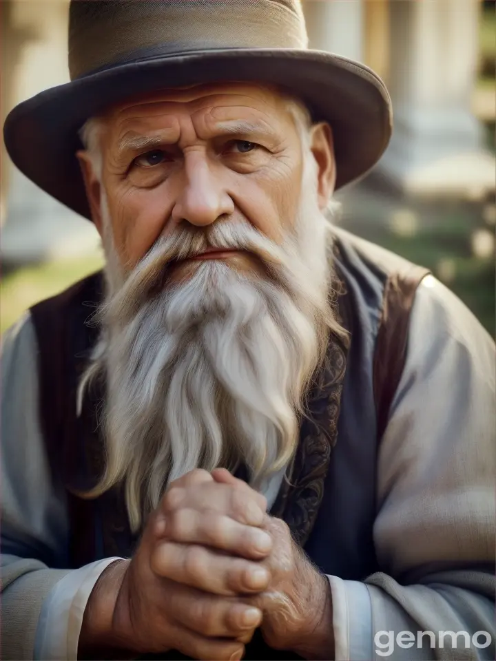 An old man who is sitting on the ground and is reciting poetry to God