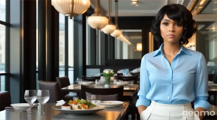 inside the fancy restaurant, a curious young woman with black Curly bob cut Hair in sky blue long sleeve blouse shirt standing at the table with plate of food and glass of water talking to someone