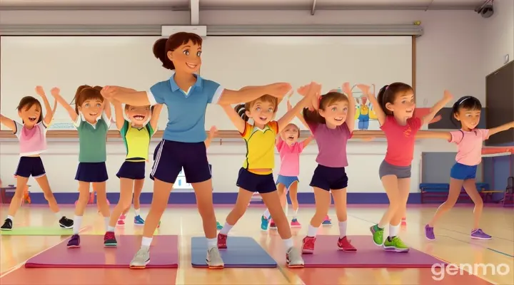 Photo for sport teacher and her little girl students doing stretch exercises with light color background in school in 3d cartoon