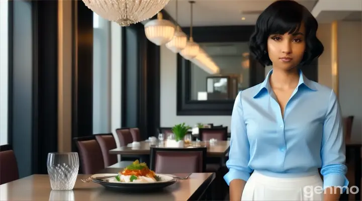 inside the fancy restaurant, a curious young woman with black Curly bob cut Hair in sky blue long sleeve blouse shirt standing at the table with plate of food and glass of water talking to someone