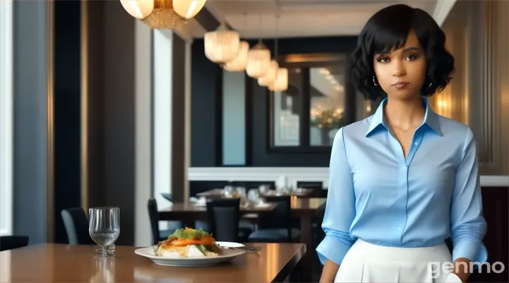 inside the fancy restaurant, a curious young woman with black Curly bob cut Hair in sky blue long sleeve blouse shirt standing at the table with plate of food and glass of water talking to someone