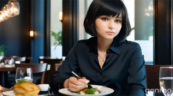 inside the fancy restaurant, a young woman with Straight Bob Cut Black Hair in dark blue long sleeve blouse shirt sitting at the table with plate of food and glass of water talking to someone