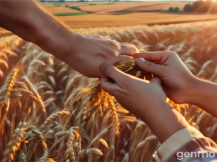 Hands picking some wheat from the ground