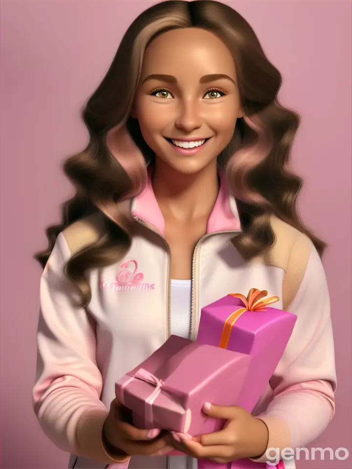 Photo for sport teacher wearing tracksuit and open her long hair also holding gifts for kids no need to show kids only teacher in the frame and she is smiling with beige and light pink background in 3d cartoon