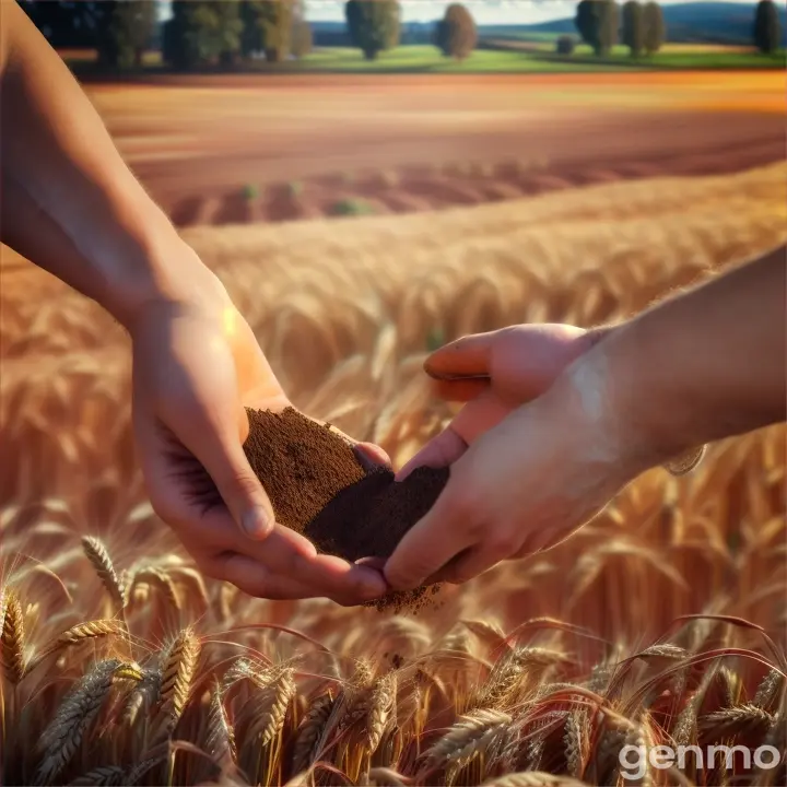 Hands collecting a few grains of wheat from the soil