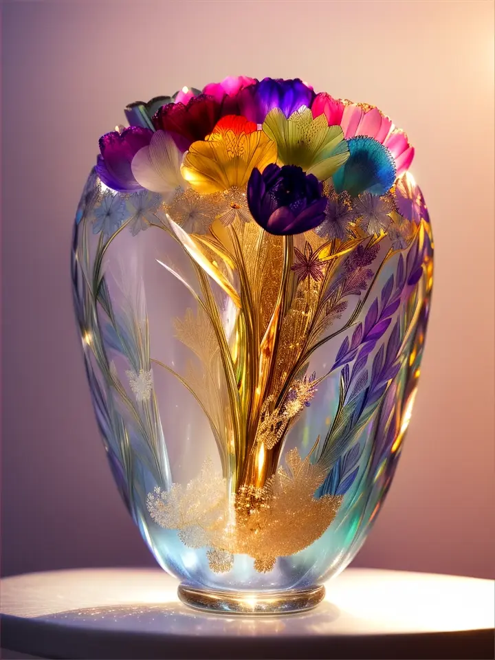 a glass vase with flowers inside of it, made of multicolored crystals, made of colorful dried flowers, crystals enlight the scene, crystal lighting, made of crystals, crystal lights, realistic glass sculpture, crystal color, colorful glass art, luminous sparkling crystals, made of crystal, glass sculpture, glowing crystals, crystal forest, made of dried flowers