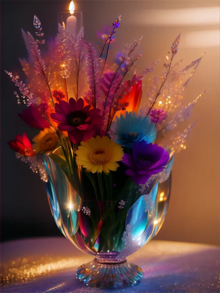 a glass vase with flowers inside of it, made of multicolored crystals, made of colorful dried flowers, crystals enlight the scene, crystal lighting, made of crystals, crystal lights, realistic glass sculpture, crystal color, colorful glass art, luminous sparkling crystals, made of crystal, glass sculpture, glowing crystals, crystal forest, made of dried flowers