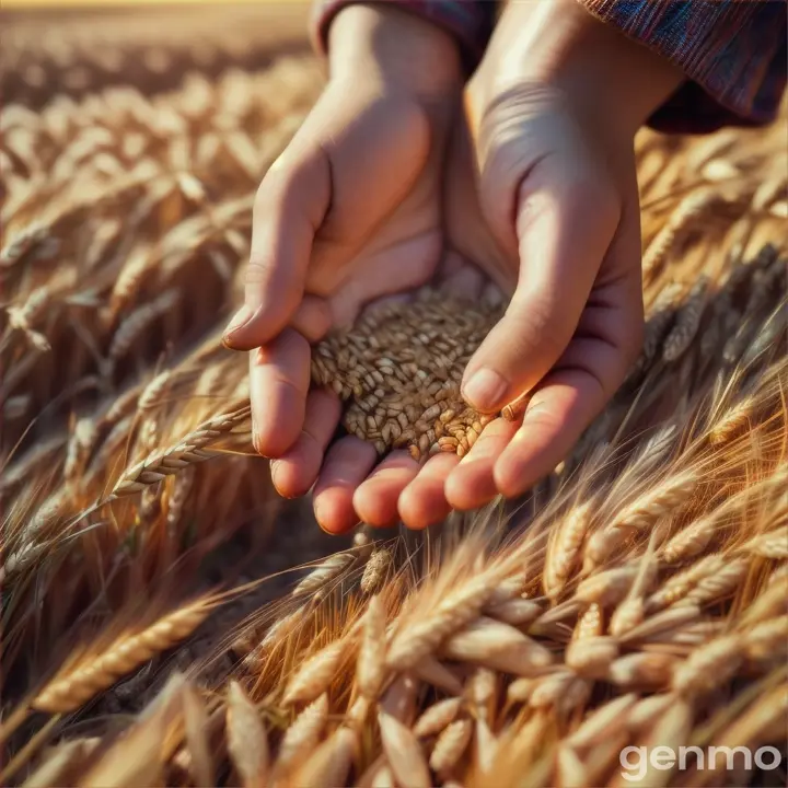 Hands collecting a few grains of wheat from the ground