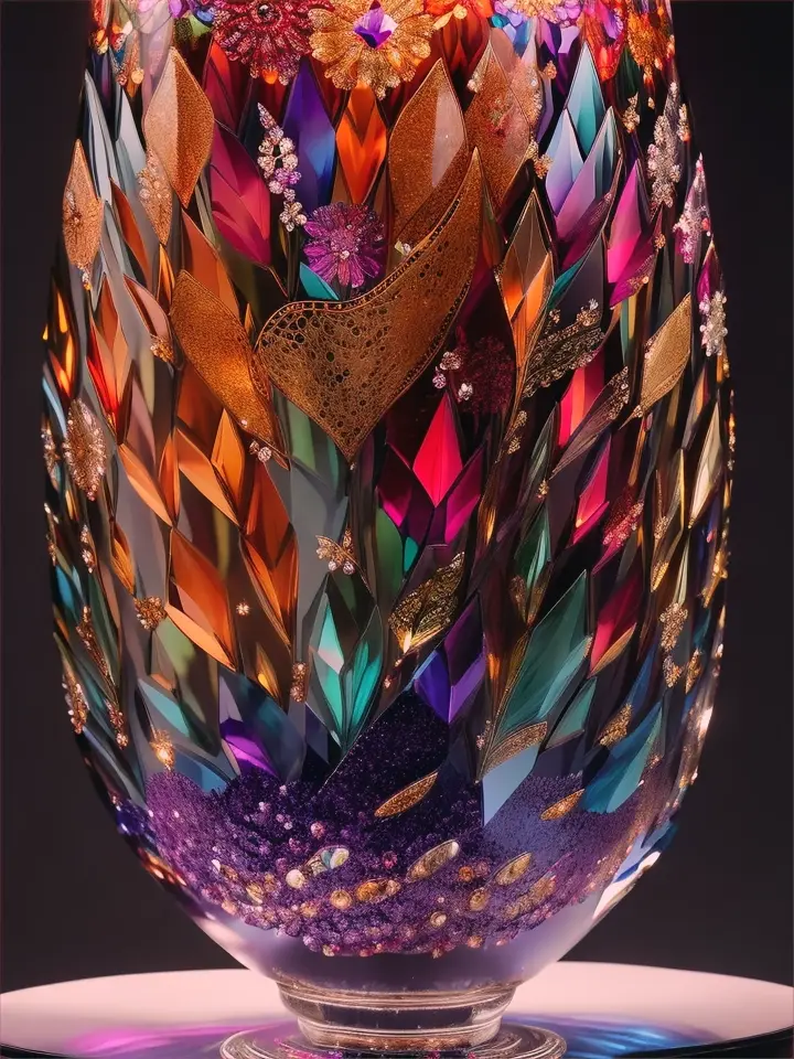 a glass vase with flowers inside of it, made of multicolored crystals, made of colorful dried flowers, crystals enlight the scene, crystal lighting, made of crystals, crystal lights, realistic glass sculpture, crystal color, colorful glass art, luminous sparkling crystals, made of crystal, glass sculpture, glowing crystals, crystal forest, made of dried flowers