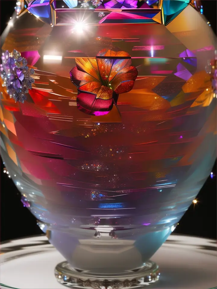 a glass vase with flowers inside of it, made of multicolored crystals, made of colorful dried flowers, crystals enlight the scene, crystal lighting, made of crystals, crystal lights, realistic glass sculpture, crystal color, colorful glass art, luminous sparkling crystals, made of crystal, glass sculpture, glowing crystals, crystal forest, made of dried flowers