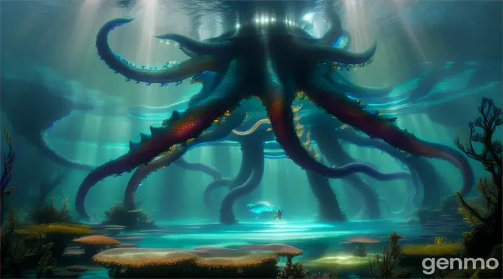 magic blue underwater forest. A man walks in and is confronted by a giant octopus.