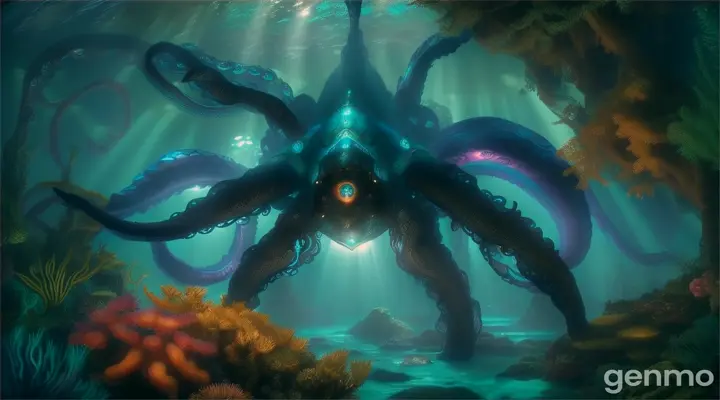 magic blue underwater forest. A man walks in and is confronted by a giant octopus.