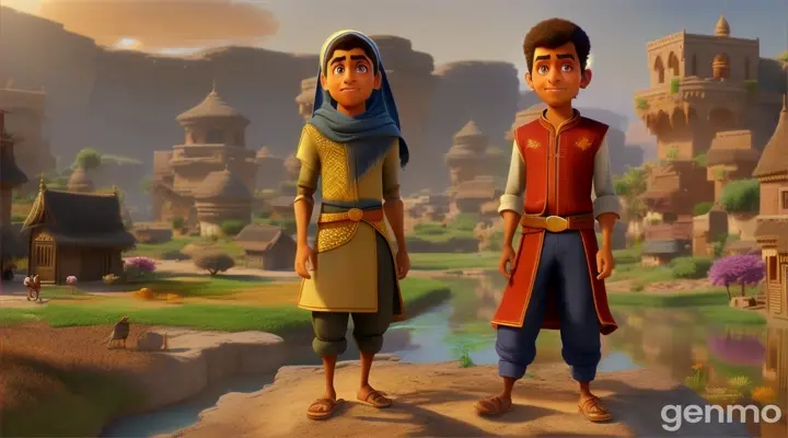 In 3D animation style'A final image of Ahmed and Bilal standing together, proud and content, with the village flourishing around them.