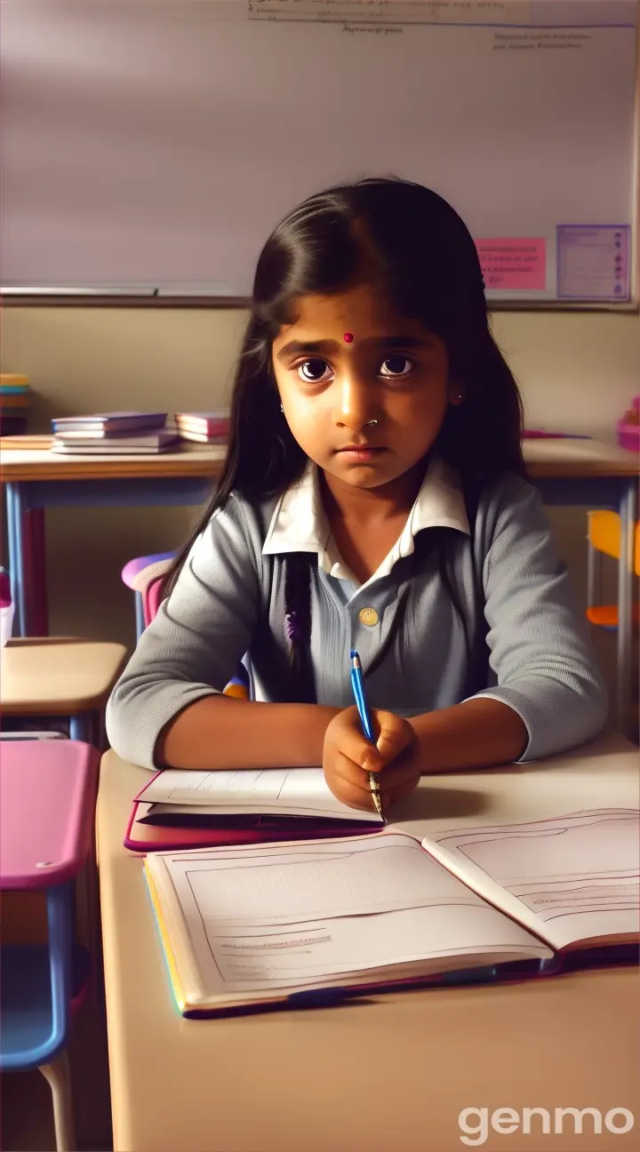 A classroom scene where all the children are busy writing, but one girl, Priya, is looking sad as she can't find her magical pen. The classroom is filled with books, papers, and desks, creating a lively school atmosphere.