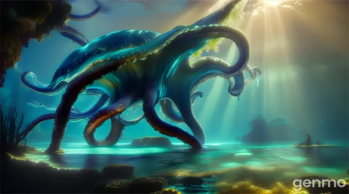 magic blue underwater forest. A man walks in and is confronted by a giant octopus.