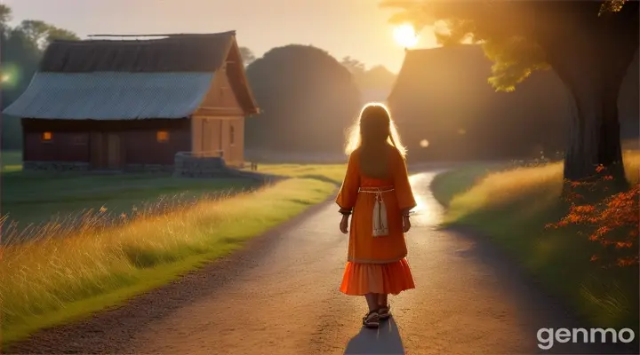 A quiet, rustic village at dusk with narrow paths and a few scattered houses, trees swaying gently, and the sky turning orange as the sun sets.A young girl, Pail, walking on a village path wearing traditional clothes with silver anklets (pails) that shine and make a distinct sound as she walks.