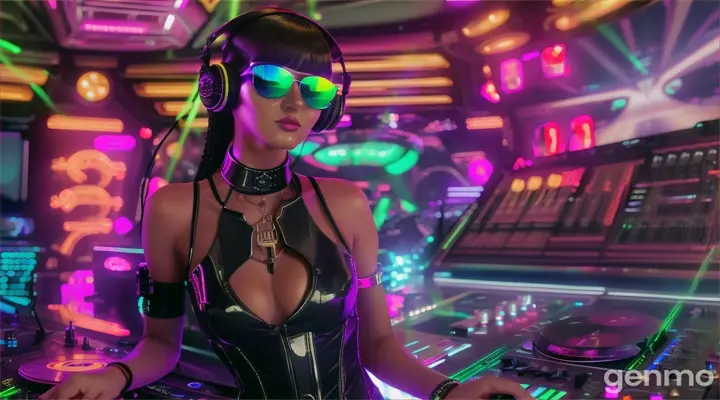 A slender woman with a bigger bust than usual in steampunk sunglasses, shiny headphones and a low-cut latex swimsuit stands near a DJ's mixing console and an electric piano in a steampunk club. A minimum of clothes. Laser beams of bright colors on the background of large television screens.