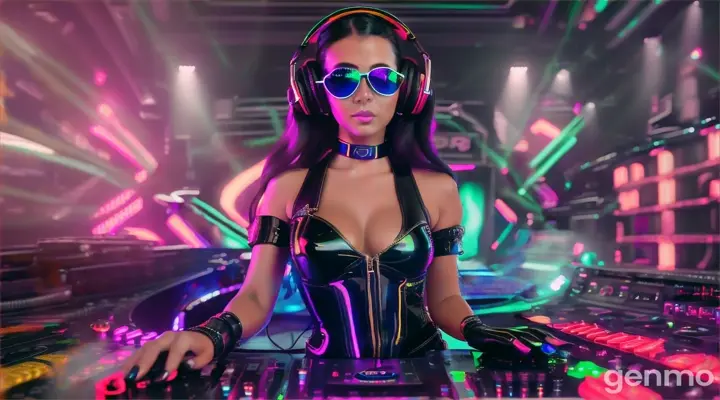 A slender woman with a bigger bust than usual in steampunk sunglasses, shiny headphones and a low-cut latex swimsuit stands near a DJ's mixing console and an electric piano in a steampunk club. A minimum of clothes. Laser beams of bright colors on the background of large television screens.