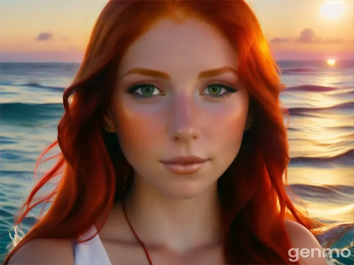 A beautiful ginger-haired woman flirting with the viewer. Dolphins are jumping out of the water.