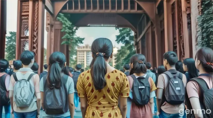 a group of people standing in front of a bridge