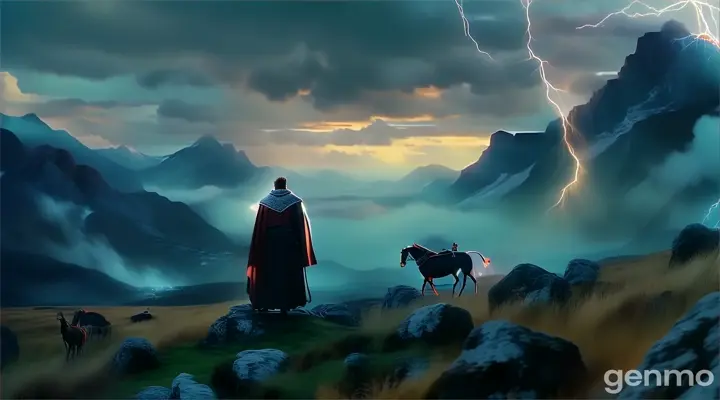 a man in a cape standing on top of a mountain