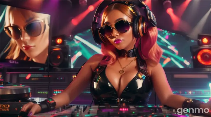 A slender woman with a bigger bust than usual in steampunk sunglasses, shiny headphones and a low-cut latex swimsuit stands near a DJ's mixing console and an electric piano in a steampunk club. A minimum of clothes. Laser beams of bright colors on the background of large television screens.