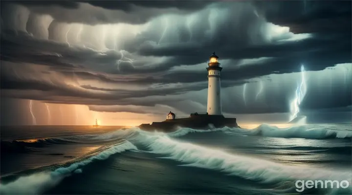 Abandoned lighthouse during a thunderstorm, dynamic lighting, digital painting