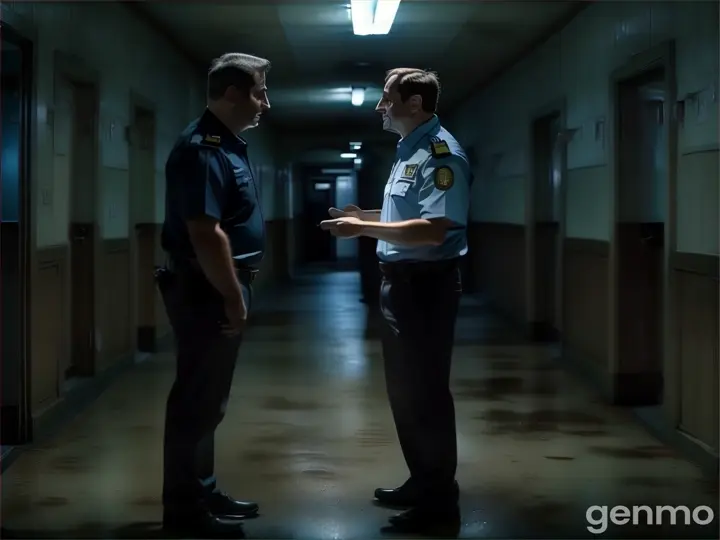 a couple of men standing next to each other in a hallway