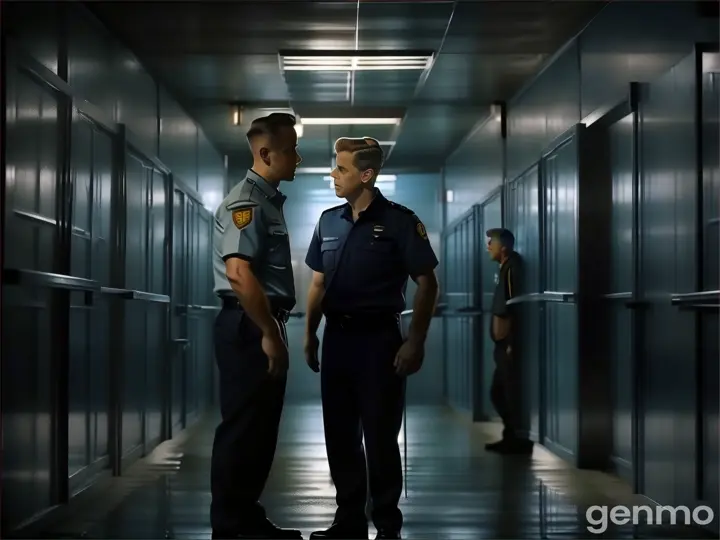 a couple of men standing next to each other in a hallway