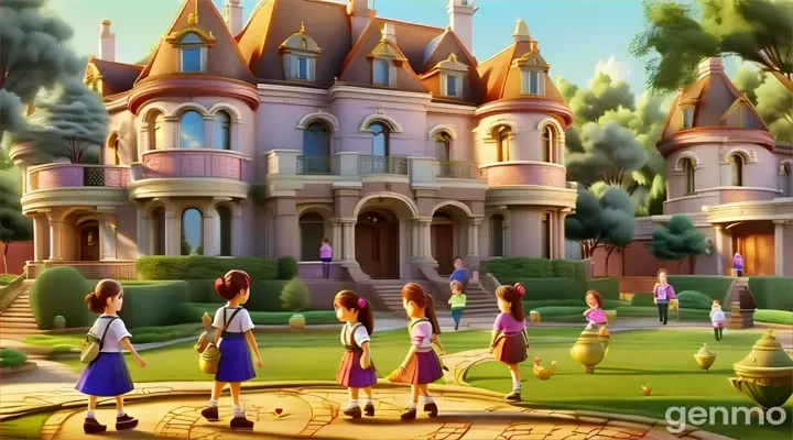 a group of children walking in front of a large house