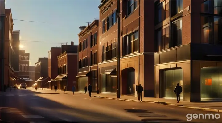 a couple of people walking down a street next to tall buildings