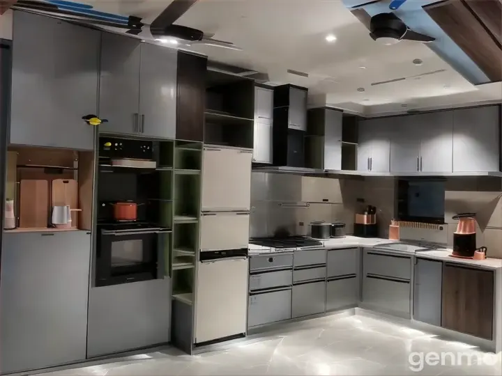 a kitchen with a ceiling fan and a stove top oven format